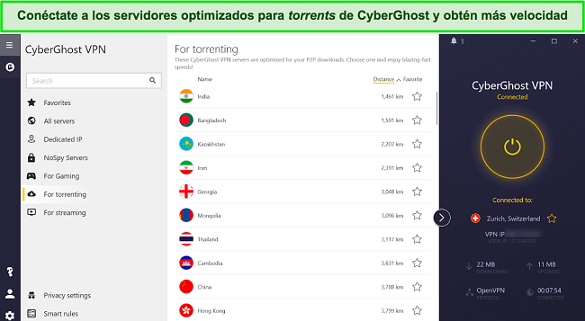 Captura de pantalla de la aplicaci&oacute;n de Windows de CyberGhost que muestra servidores optimizados para torrents