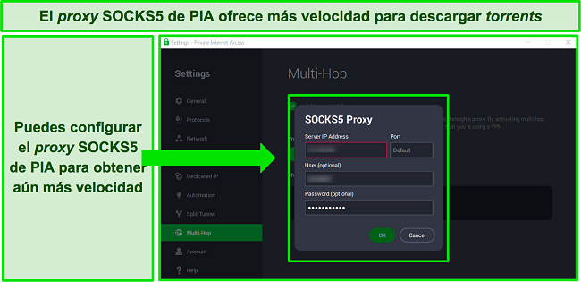 Captura de pantalla de la interfaz de PIA que muestra la configuraci&oacute;n del proxy SOCKS5