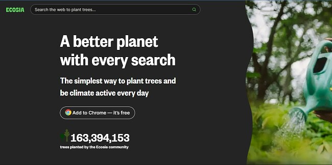 Sk&aelig;rmbillede af Ecosia privat s&oslash;gemaskine