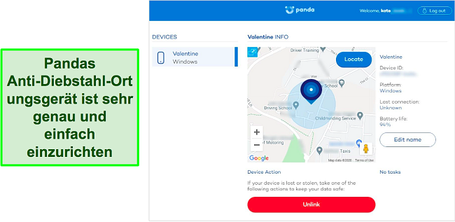 Screenshot des Anti-Theft-Ortungstools von Panda, das den genauen Standort eines gesch&uuml;tzten Ger&auml;ts erkennt