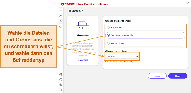Festlegen von Schredderoptionen im McAfee File Shredder