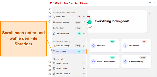 &Ouml;ffnen des Aktenvernichters in der McAfee-App