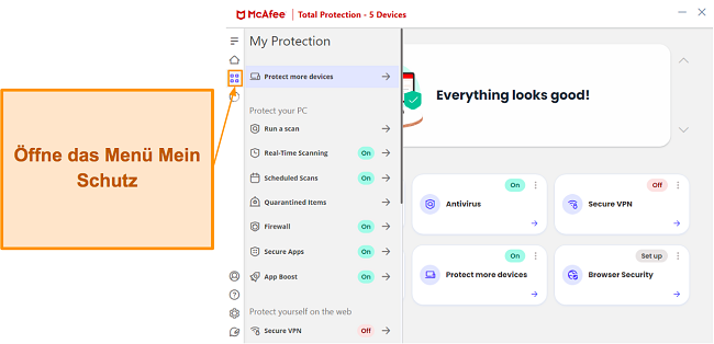 Men&uuml; "Mein Schutz" in der Windows-App von McAfee