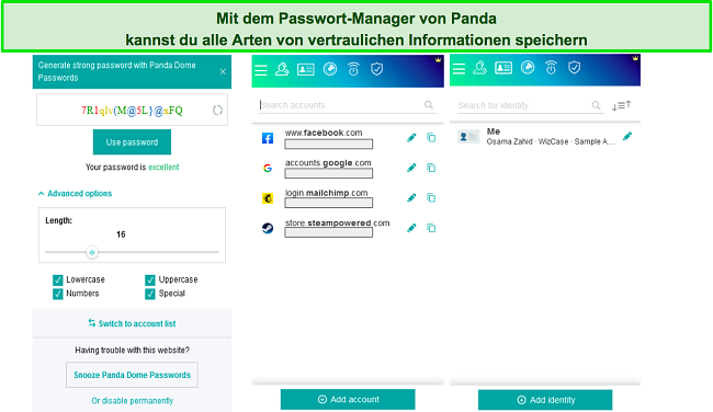 Screenshot verschiedener Men&uuml;s des Panda-Passwortmanagers