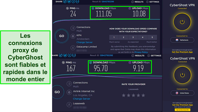 Captures d'&eacute;cran des tests de vitesse Ookla avec l'extension Chrome de CyberGhost connect&eacute;e &agrave; des serveurs aux Pays-Bas et aux &Eacute;tats-Unis