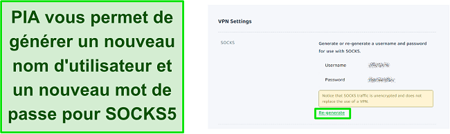 Capture d'&eacute;cran des param&egrave;tres VPN de PIA pour r&eacute;g&eacute;n&eacute;rer le nom d'utilisateur et le mot de passe pour SOCKS5