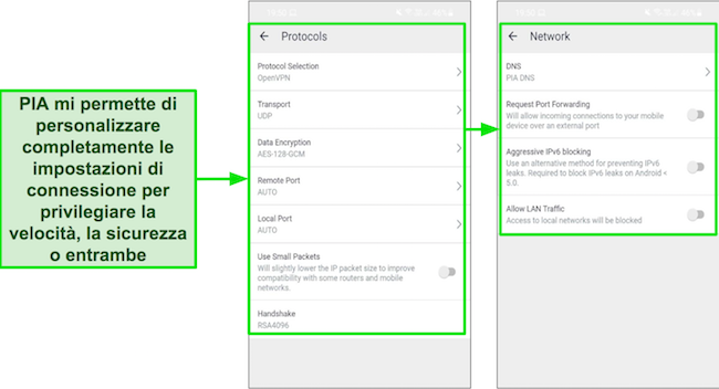 I menu delle impostazioni di PIA offrono una gamma di opzioni per personalizzare le impostazioni di velocit&agrave; e sicurezza