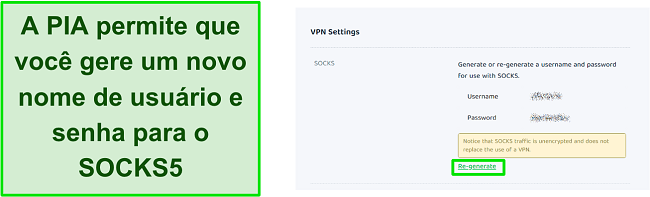 Captura de tela das configura&ccedil;&otilde;es de VPN do PIA para regenerar nome de usu&aacute;rio e senha para SOCKS5
