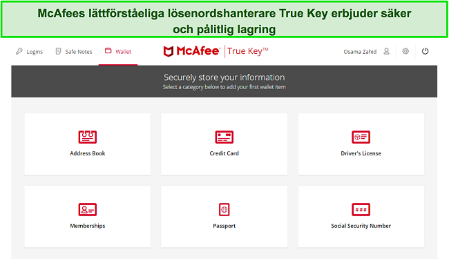 Sk&auml;rmdump av McAfees True Key l&ouml;senordshanterare