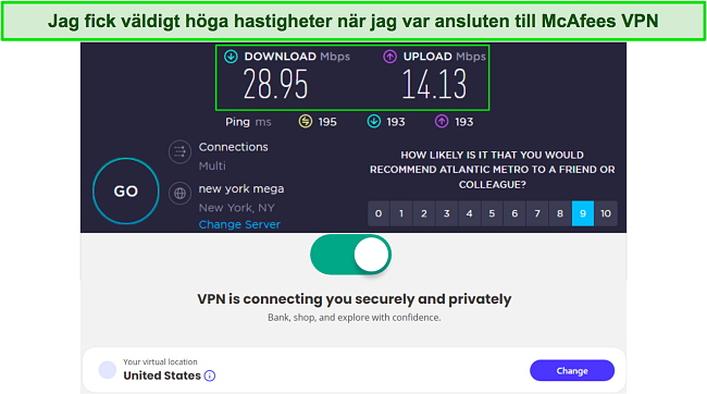 Hastighetstestresultat n&auml;r du &auml;r ansluten till McAfees amerikanska server