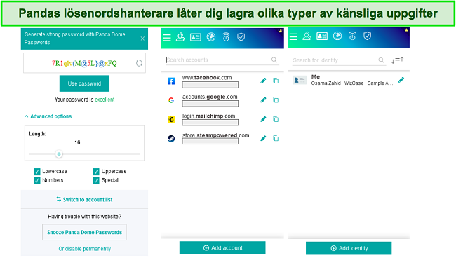 Sk&auml;rmdump av olika Panda l&ouml;senordshanterare menyer