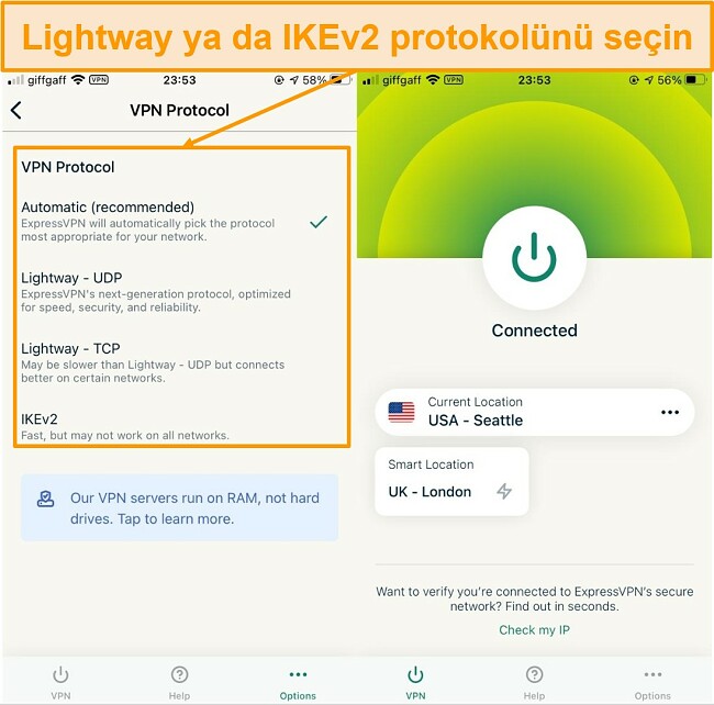 ExpressVPN kullanan bir iPhone 6'da Lightway ve IKEv2 protokollerinin ekran g&ouml;r&uuml;nt&uuml;s&uuml;