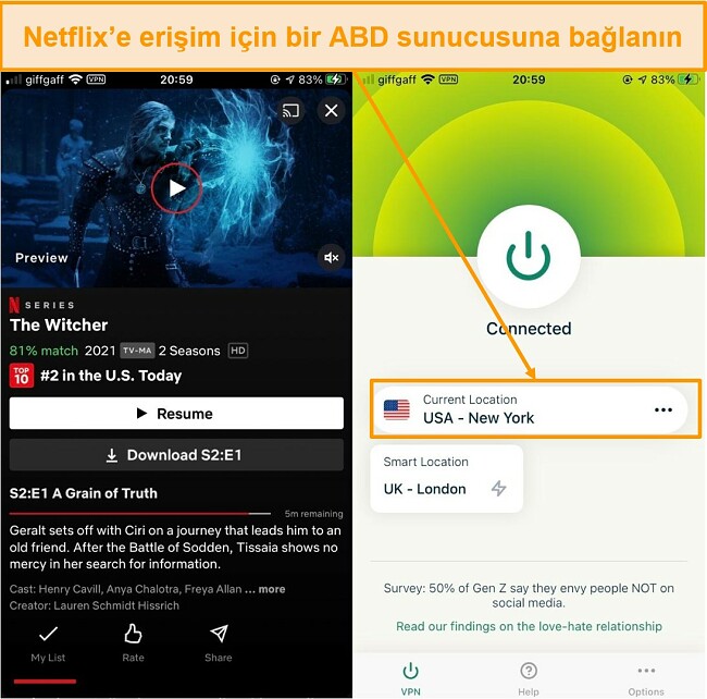 ExpressVPN kullanan bir iPhone 6'da The Witcher'ın ekran g&ouml;r&uuml;nt&uuml;s&uuml;