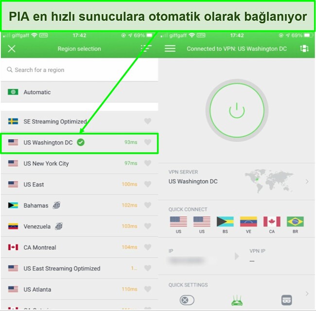 &Ouml;zel İnternet Erişimi kullanan bir iPhone 6'daki mevcut d&uuml;ş&uuml;k gecikmeli sunucuların ekran g&ouml;r&uuml;nt&uuml;s&uuml;