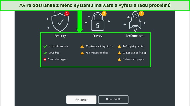 Screenshot str&aacute;nky s v&yacute;sledky antivirov&eacute;ho skeneru Avira