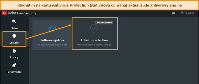Sn&iacute;mek obrazovky ukazuj&iacute;c&iacute;, jak aktualizovat antimalwarov&yacute; engine Avira