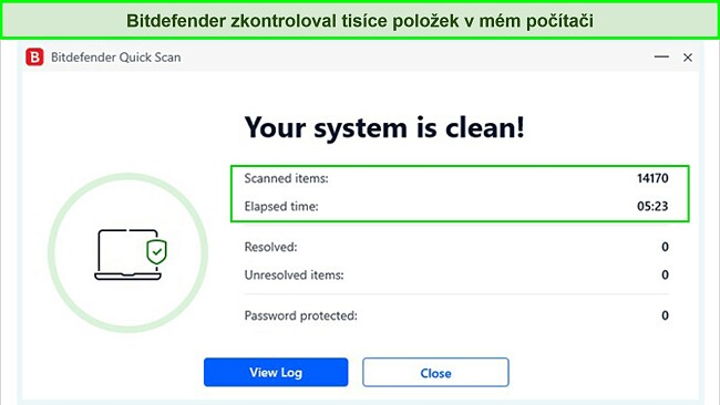 Sn&iacute;mek obrazovky s v&yacute;sledky rychl&eacute;ho skenov&aacute;n&iacute; Bitdefenderu