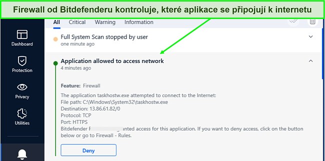 Sn&iacute;mek obrazovky br&aacute;ny firewall Bitdefenderu