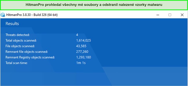 Sn&iacute;mek obrazovky s v&yacute;sledky skenov&aacute;n&iacute; HitmanPro