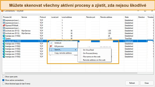 Sn&iacute;mek obrazovky karty připojen&iacute; Tinywall
