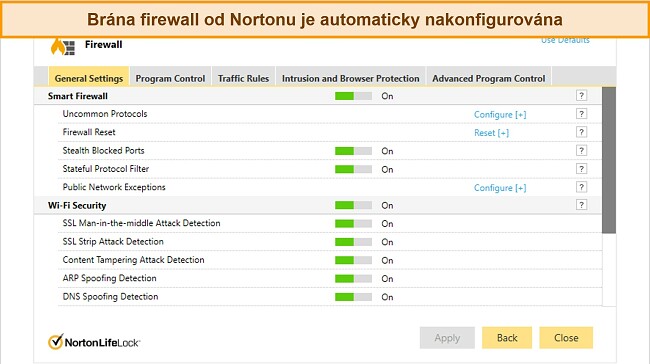 Sn&iacute;mek obrazovky karty nastaven&iacute; br&aacute;ny firewall aplikace Norton