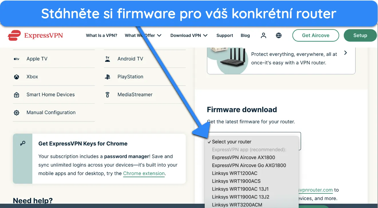 Sn&iacute;mek obrazovky, jak st&aacute;hnout firmware ExpressVPN pro router z webu ExpressVPN.