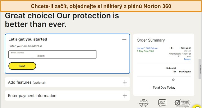 Sn&iacute;mek obrazovky předplatitelsk&eacute; str&aacute;nky Norton
