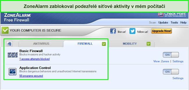 Sn&iacute;mek obrazovky rozhran&iacute; br&aacute;ny firewall ZoneAlarm