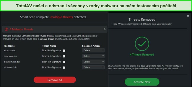 Sn&iacute;mek obrazovky v&yacute;sledků odstraněn&iacute; malwaru TotalAV