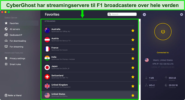 Sk&aelig;rmbillede af CyberGhost-appen, der viser streaming-optimerede servere til officielle F1 Grand Prix-l&oslash;bssender
