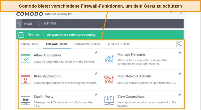 Screenshot der Registerkarte Comodo-Firewall-Aufgaben