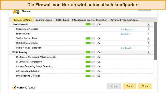 Screenshot der Registerkarte "Firewall-Einstellungen" von Norton