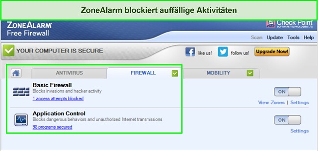 Screenshot der ZoneAlarm-Firewall-Oberfl&auml;che