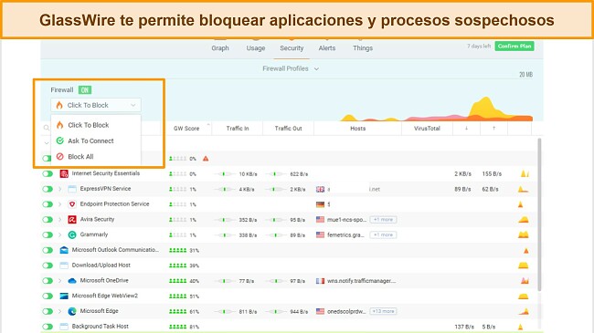 Captura de pantalla de la pesta&ntilde;a Seguridad de GlassWire