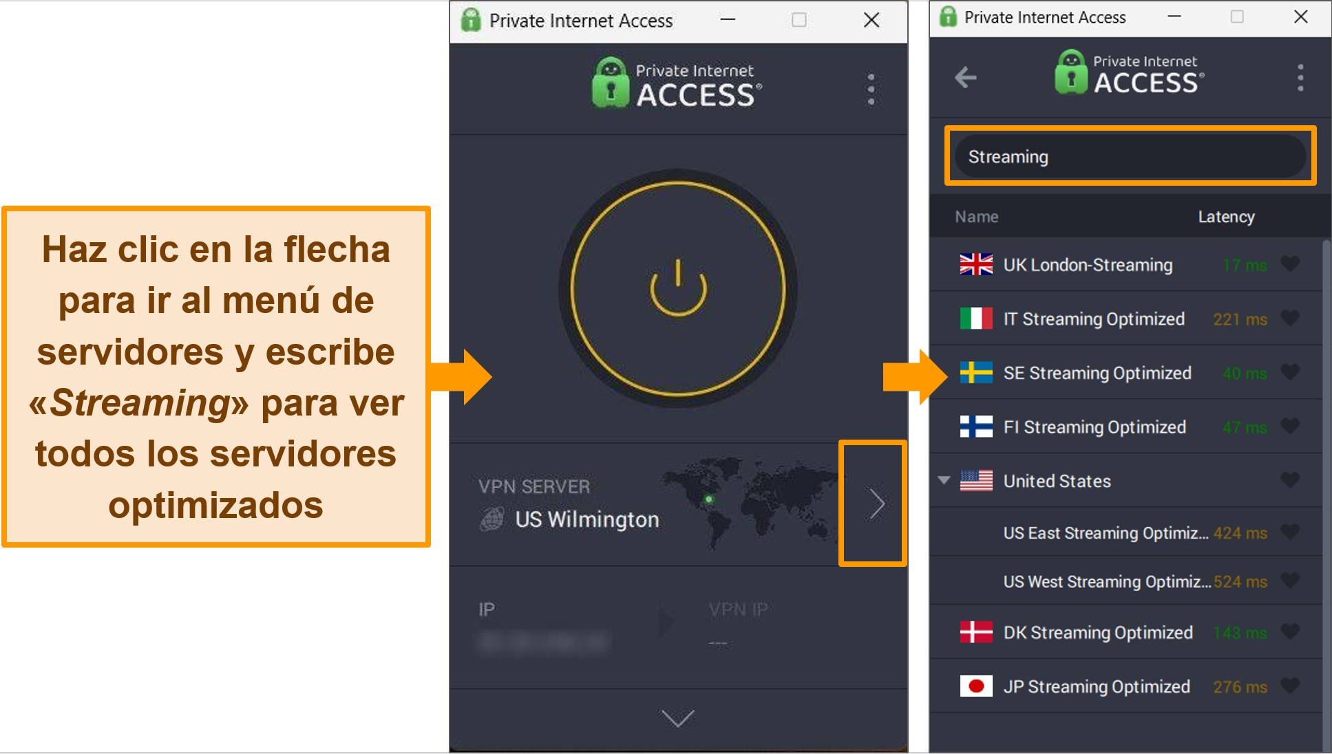 Captura de pantalla de la aplicaci&oacute;n de Windows de PIA, que destaca los servidores de transmisi&oacute;n optimizados.