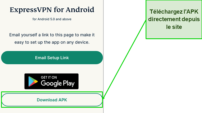 Capture d'&eacute;cran du bouton de t&eacute;l&eacute;chargement APK du site Web ExpressVPN