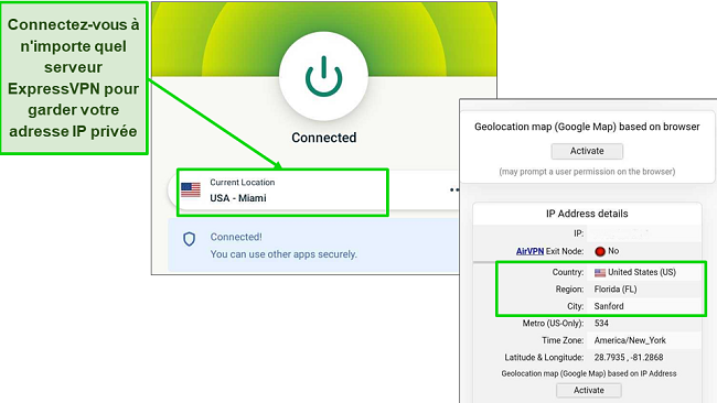 Graphique montrant ExpressVPN connect&eacute; &agrave; un serveur de Miami et r&eacute;ussissant un test de fuite DNS