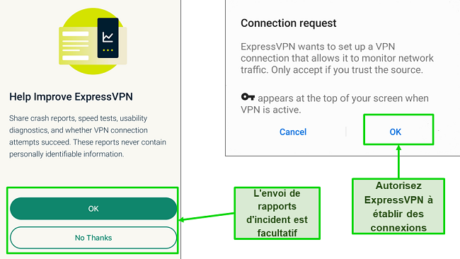 Capture d'&eacute;cran du rapport d'incident et des autorisations de connexion requises apr&egrave;s la premi&egrave;re connexion &agrave; ExpressVPN