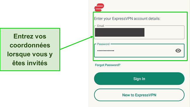 Une capture d'&eacute;cran de la page de connexion d'ExpressVPN
