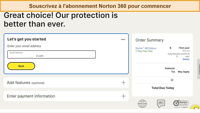 Capture d'&eacute;cran de la page d'abonnement de Norton