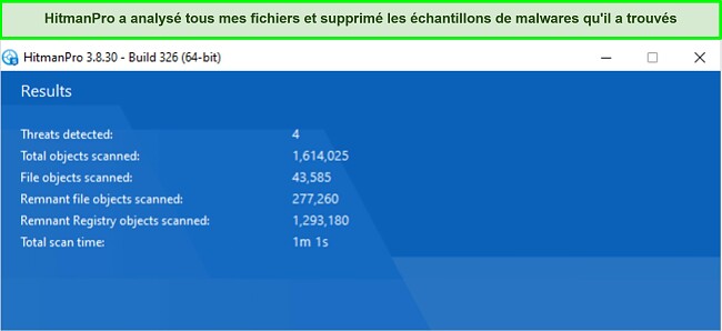 Capture d'&eacute;cran des r&eacute;sultats de l'analyse de HitmanPro