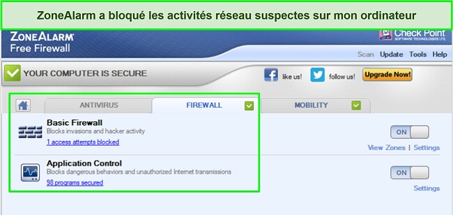 Capture d'&eacute;cran de l'interface du pare-feu ZoneAlarm