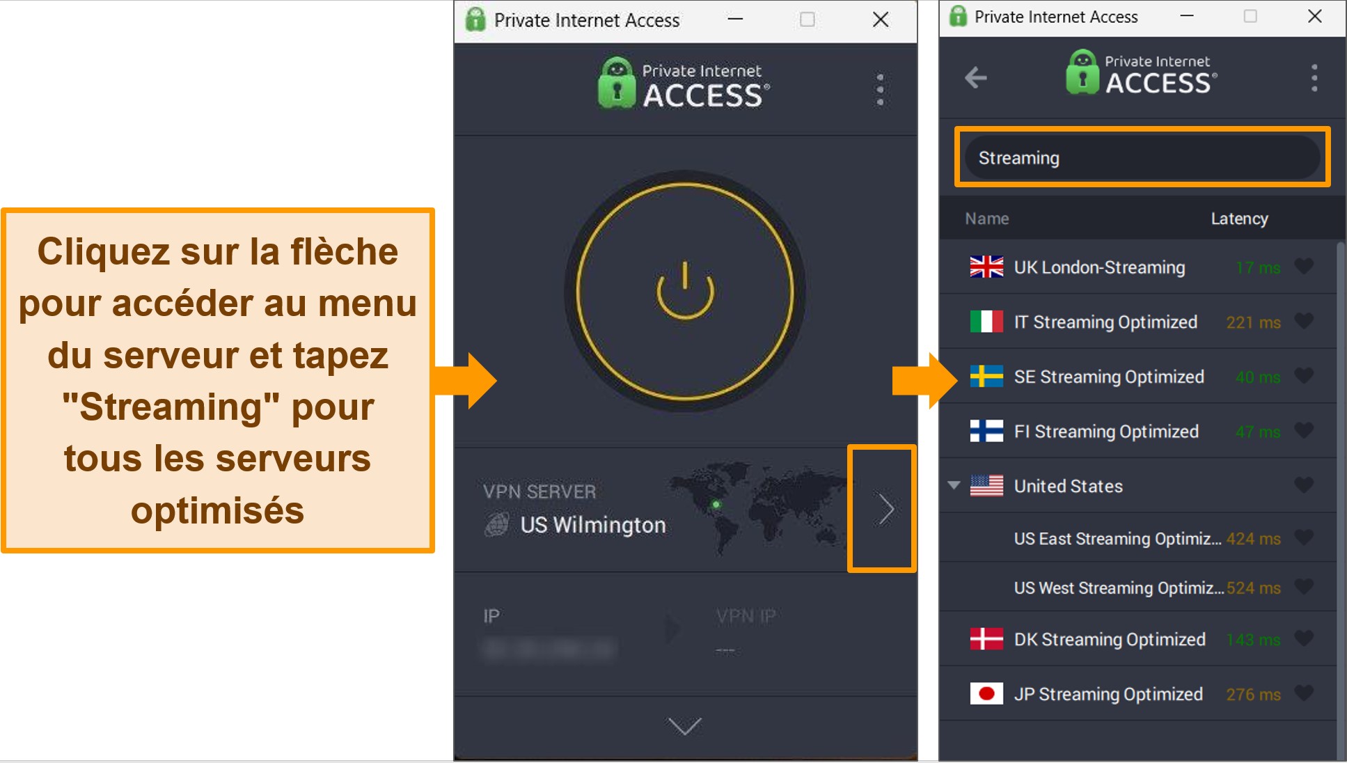 Capture d'écran de l'application Windows de PIA, mettant en évidence les serveurs de streaming optimisés.