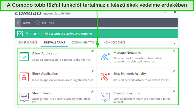 A Comodo tűzfal k&uuml;l&ouml;nf&eacute;le v&eacute;delmi funkci&oacute;it bemutat&oacute; k&eacute;pernyők&eacute;p