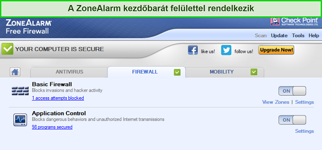 ZoneAlarm tűzfal fel&uuml;let&eacute;nek k&eacute;pernyők&eacute;pe