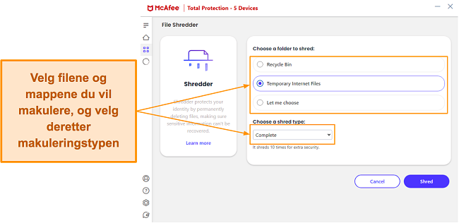 Angi makuleringsalternativer i McAfee File Shredder