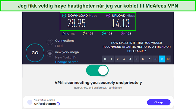 Hastighetstestresultater n&aring;r de er koblet til McAfees amerikanske server