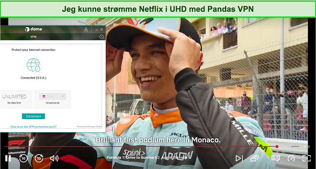 Skjermbilde av bruker som str&oslash;mmer Netflix ved hjelp av Pandas VPN