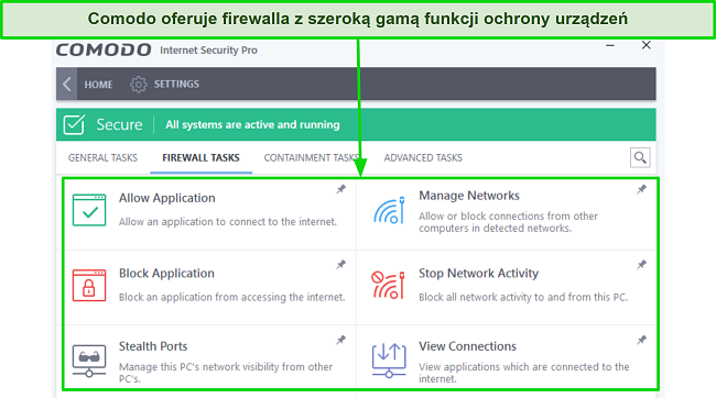 Zrzut ekranu przedstawiający r&oacute;żne funkcje ochronne zapory ogniowej Comodo