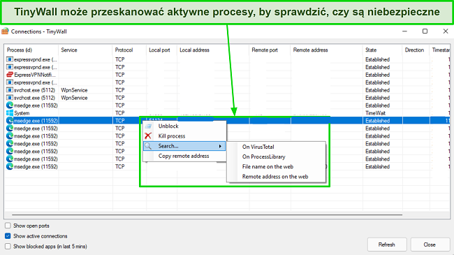 Zrzut ekranu pokazujący, jak można używać TinyWall do skanowania aktywnych proces&oacute;w